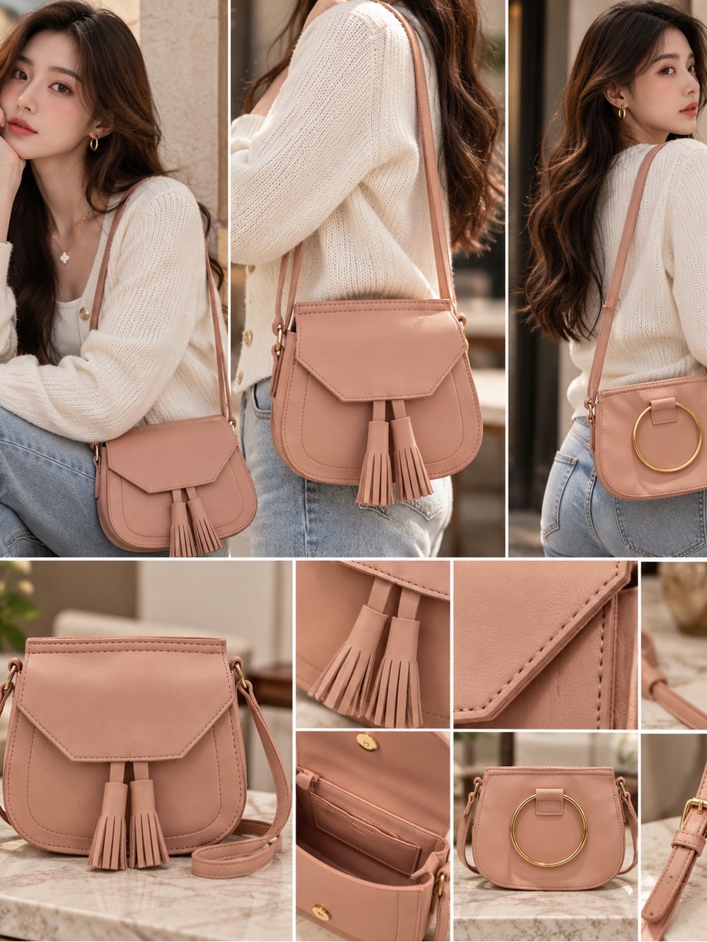 2 Blush Pink Tassel Crossbody Bag - Women's Shoulder Bag